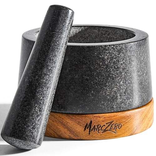 MarcZero MarcZero 6inch Large Mortar and Pestle Set with AntiScratch Wooden BaseHeavy Duty Mortar and Pestle Made of Natural GraniteBlack 