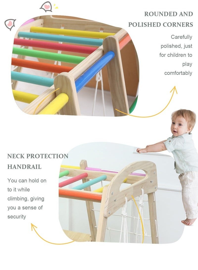 XiuWoo 7 in 1 Pikler Indoor Playground Jungle Gym Playset, Wooden Montessori Climber with Slide, Rock Climb Wall, Monkey Bars, Rope Ladder, Climbing Rope and Swing for Kids Rainbow - Image 2