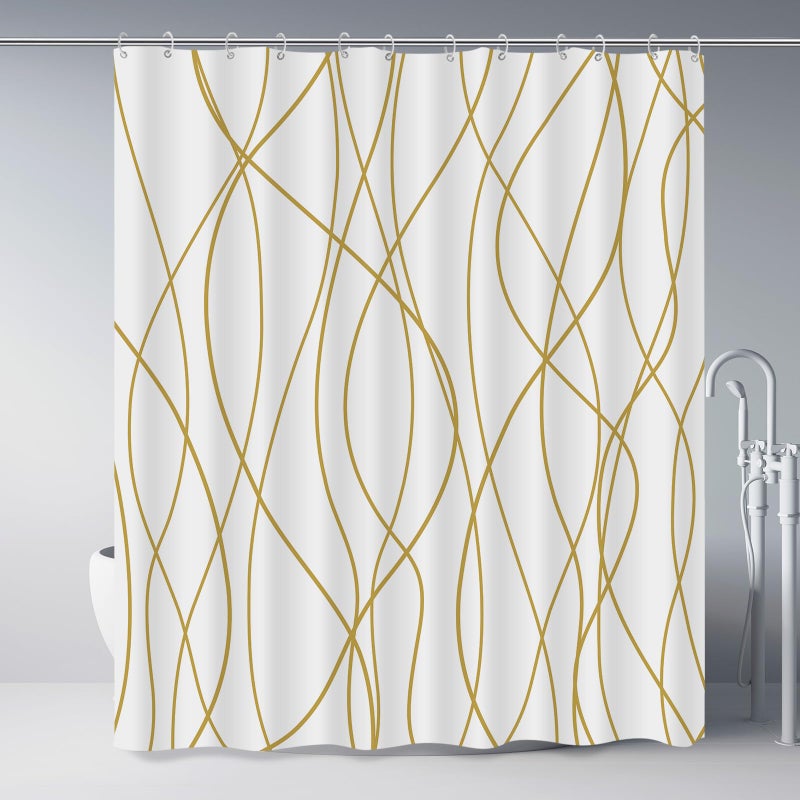 Punkray Gold Light Brown and White Striped Wavy Line Polyester Shower Curtain for Bathroom with Hooks, Shower Curtain Set Stripe Bath Curtains Decor Weighted Hem Washable, 72 x 72 - Image 1