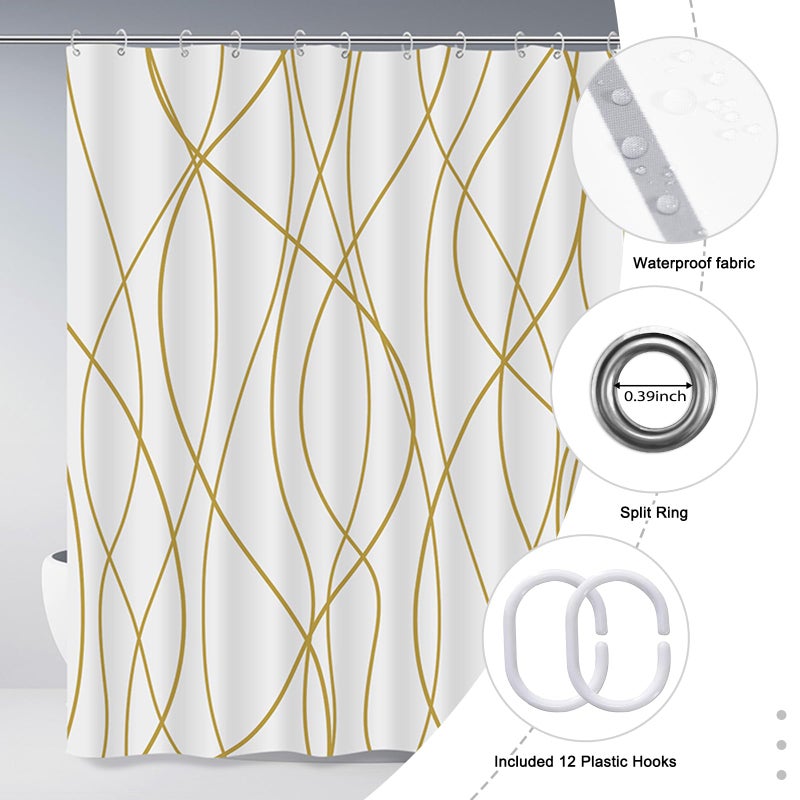 Punkray Gold Light Brown and White Striped Wavy Line Polyester Shower Curtain for Bathroom with Hooks, Shower Curtain Set Stripe Bath Curtains Decor Weighted Hem Washable, 72 x 72 - Image 4