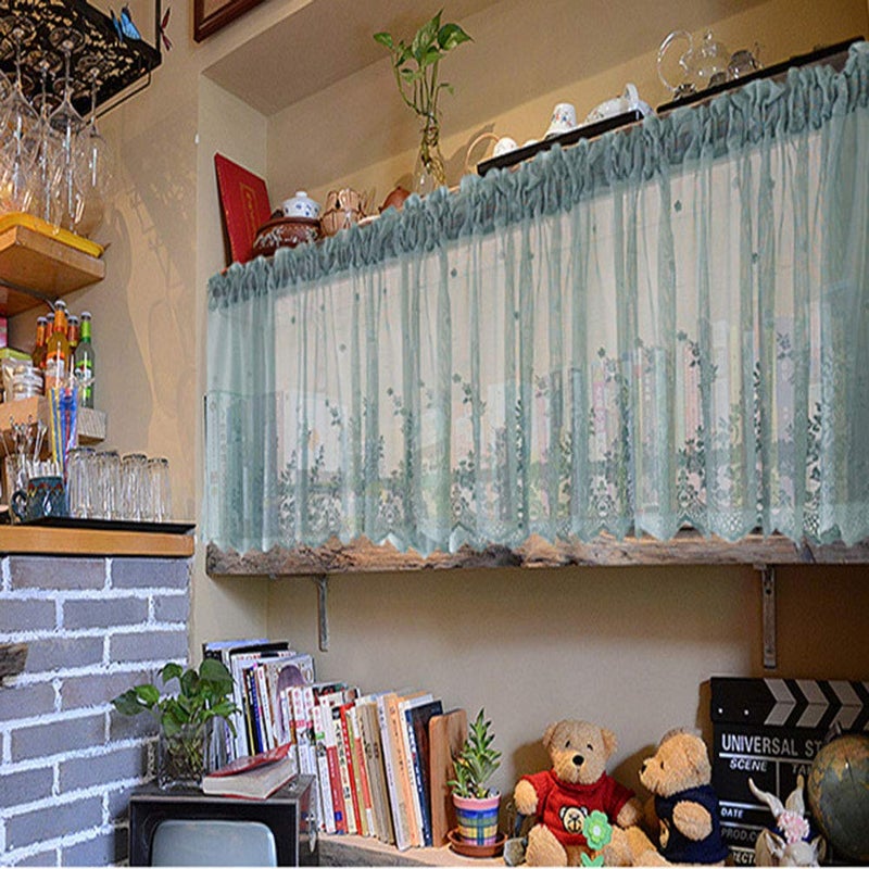 XSlive Boho Lace Small Window Curtain Valance Embroidered Solid Color Farmhouse Light Filtering Small Window Tier for Kitchen Living Room,1 Piece (Blue,51" W x 16" L) - Image 2
