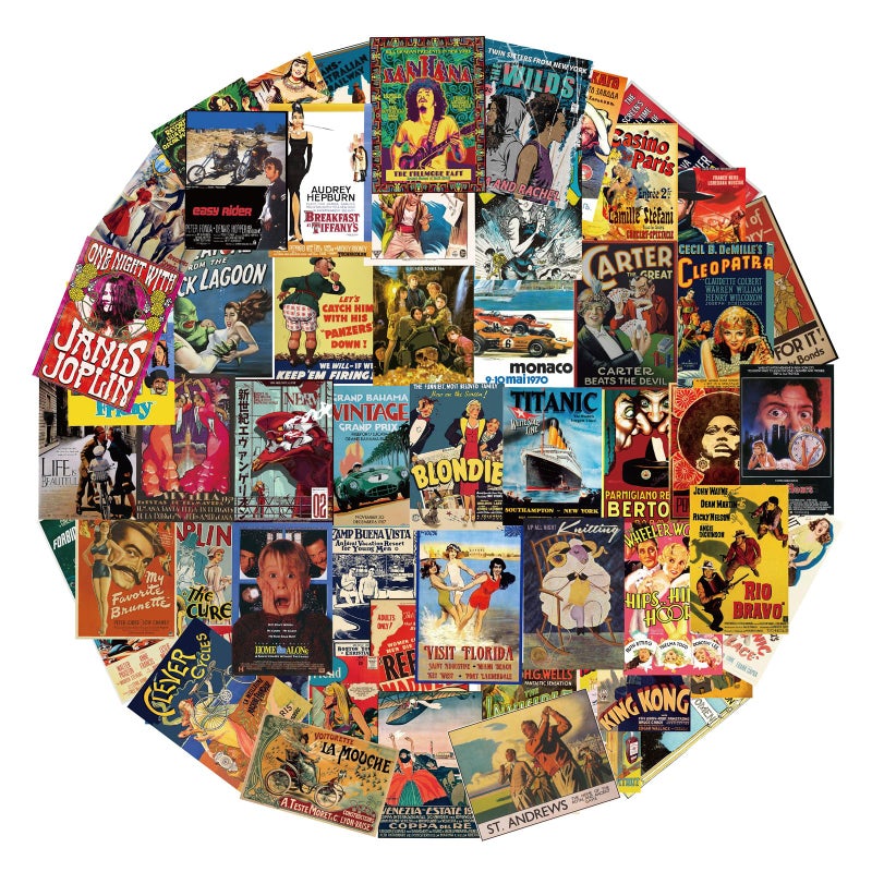 Adniac 100 pcs Vintage Posters Nostalgic Vinyl Skateboard Cool Retro Stickers no Repeat Notebook Guitar Trolley case Waterproof car Graffiti Stickers - Image 1