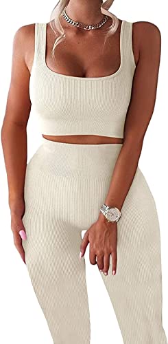 YESDOO Women's Workout Outfits Ribbed Tank 2 Piece Seamless High Waist Gym Outfit Yoga Shorts Leggings Sets - Image 1