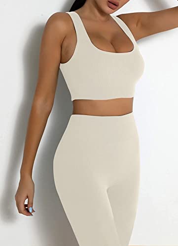 YESDOO Women's Workout Outfits Ribbed Tank 2 Piece Seamless High Waist Gym Outfit Yoga Shorts Leggings Sets - Image 4