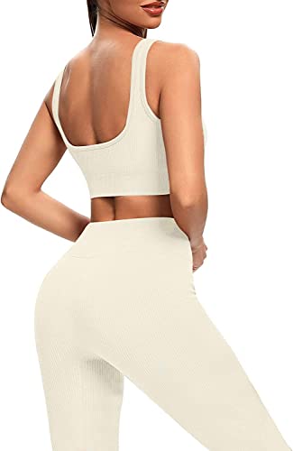 YESDOO Women's Workout Outfits Ribbed Tank 2 Piece Seamless High Waist Gym Outfit Yoga Shorts Leggings Sets - Image 5