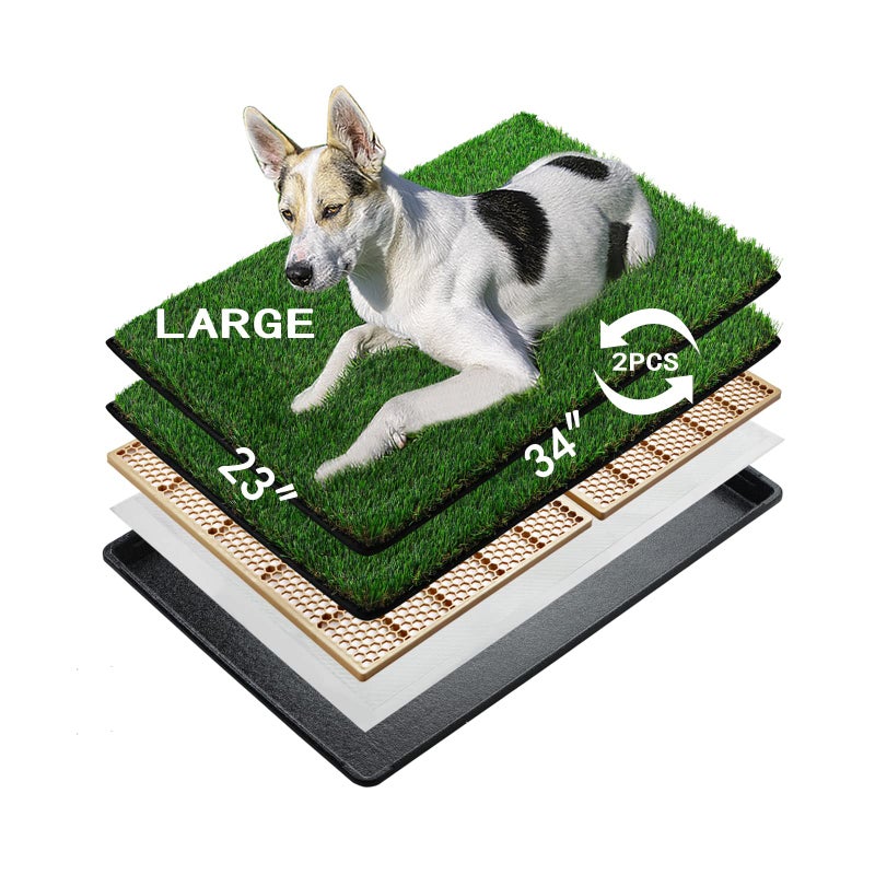 MEEXPAWS Dog Grass Pee Pads for Dogs with Tray Large 3423 in 2 Dog Artificial Grass Pads Replacement Rapid Drainage Indoor Litter Box Hemmed Edge