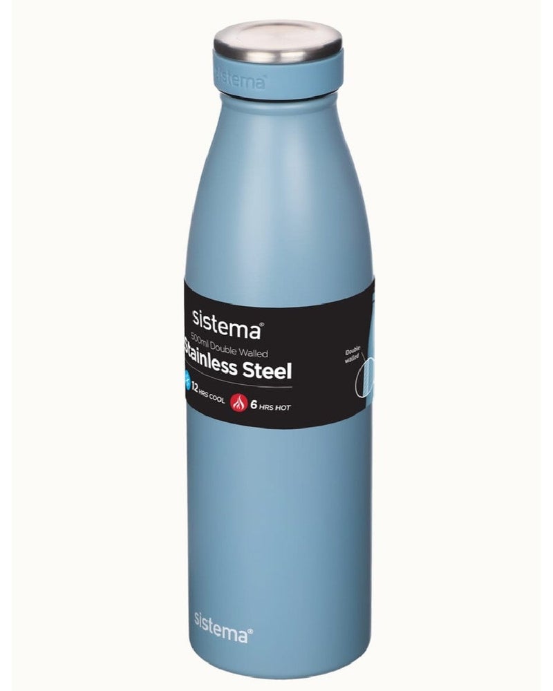 Sistema 500ML Stainless Steel Water Bottle, BPA Free Reusable Leak-Proof Bottle, Durable Single Wall Stainless Steel Flask for School, Kids, Adults, Office, Gym, Travel & Everyday Hydration - Light Blue - Image 1