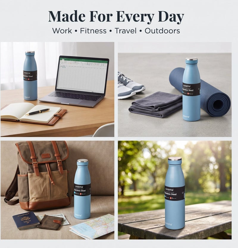 Sistema 500ML Stainless Steel Water Bottle, BPA Free Reusable Leak-Proof Bottle, Durable Single Wall Stainless Steel Flask for School, Kids, Adults, Office, Gym, Travel & Everyday Hydration - Light Blue - Image 4