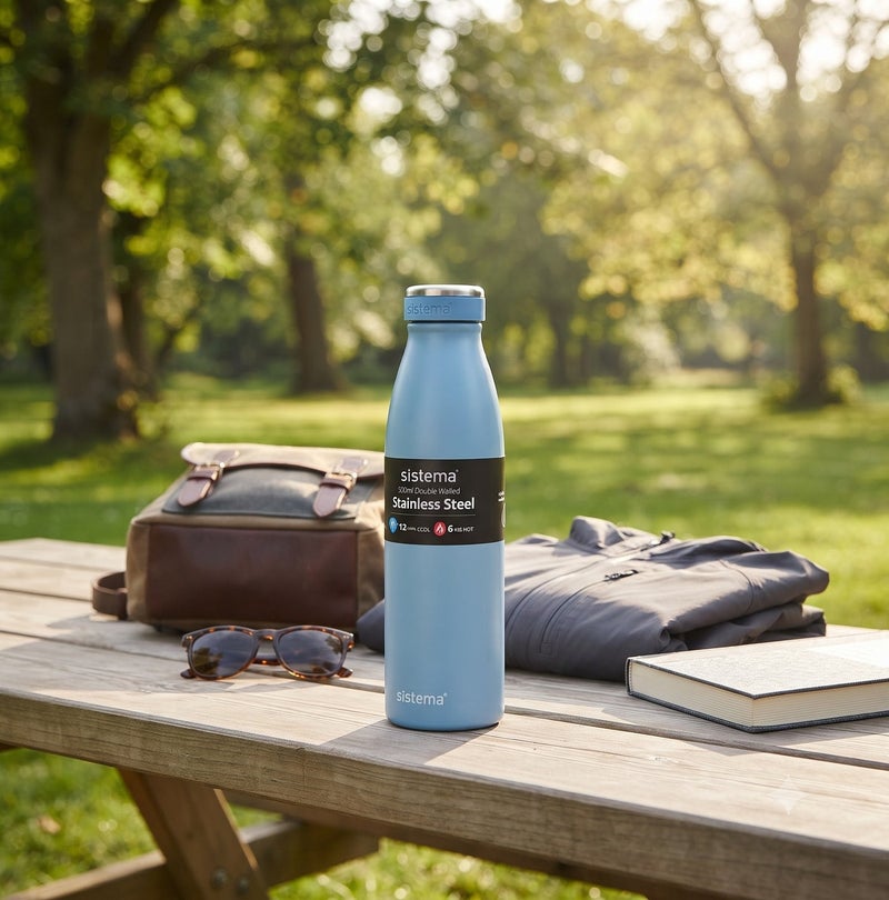 Sistema 500ML Stainless Steel Water Bottle, BPA Free Reusable Leak-Proof Bottle, Durable Single Wall Stainless Steel Flask for School, Kids, Adults, Office, Gym, Travel & Everyday Hydration - Light Blue - Image 5