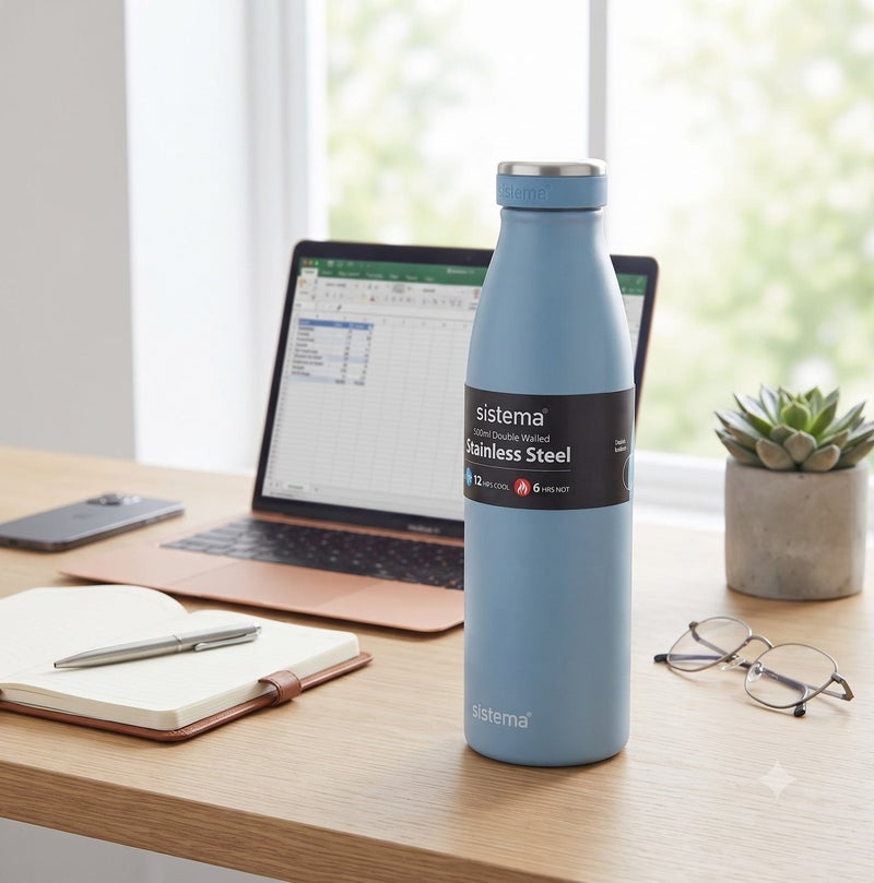 Sistema 500ML Stainless Steel Water Bottle, BPA Free Reusable Leak-Proof Bottle, Durable Single Wall Stainless Steel Flask for School, Kids, Adults, Office, Gym, Travel & Everyday Hydration - Light Blue - Image 5