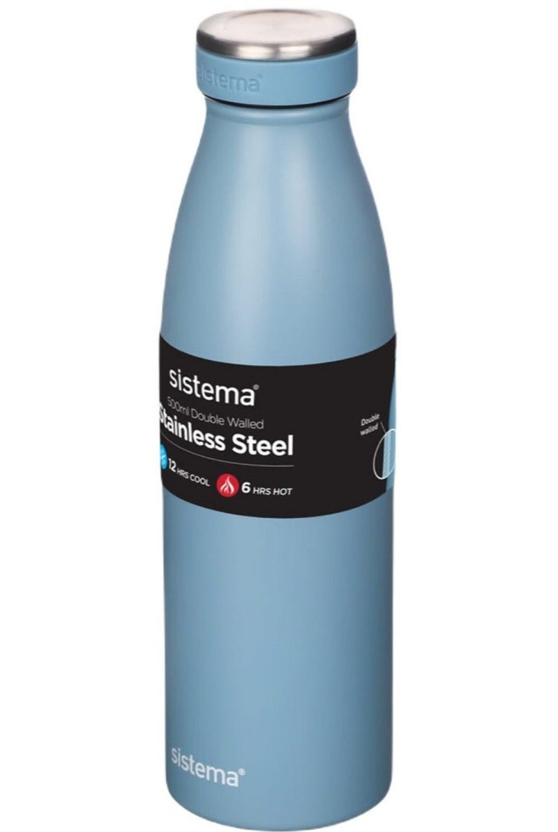 Sistema 500ML Stainless Steel Water Bottle, BPA Free Reusable Leak-Proof Bottle, Durable Single Wall Stainless Steel Flask for School, Kids, Adults, Office, Gym, Travel & Everyday Hydration - Light Blue - Image 1