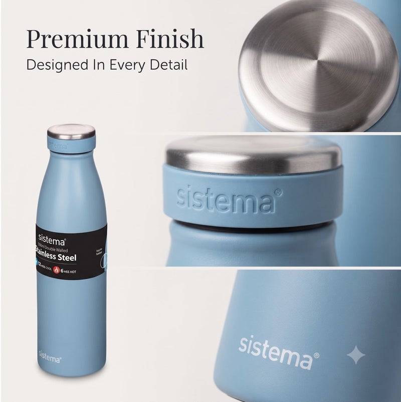 Sistema 500ML Stainless Steel Water Bottle, BPA Free Reusable Leak-Proof Bottle, Durable Single Wall Stainless Steel Flask for School, Kids, Adults, Office, Gym, Travel & Everyday Hydration - Light Blue - Image 3