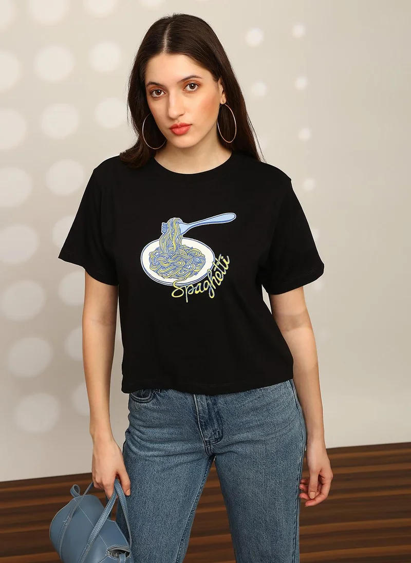 globus Globus Women Black Graphic Print Round Neck Drop Shoulder Sleeves Oversized Crop T-Shirt