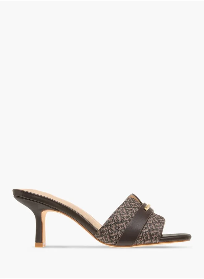 Flora Bella By Shoexpress Women Monogram Print Slip-On Sandals with Flared Heels