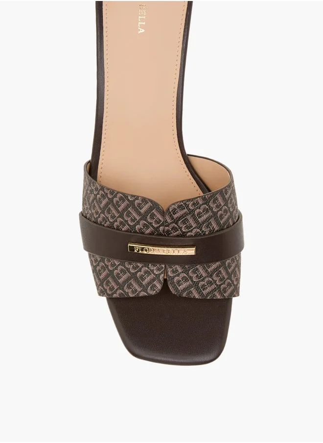 Flora Bella By Shoexpress Women Monogram Print Slip-On Sandals with Flared Heels