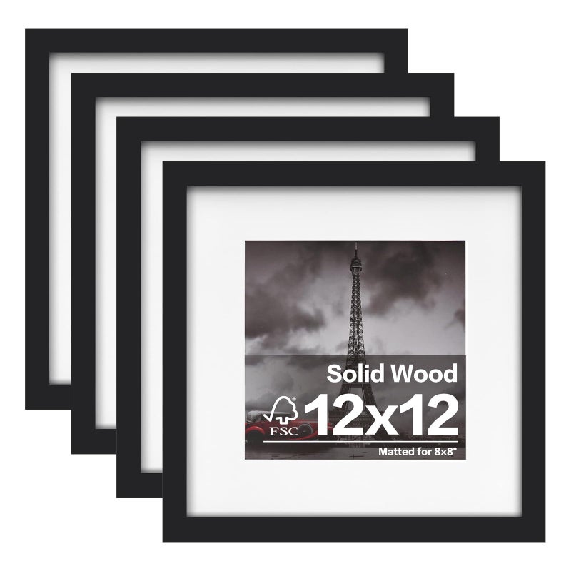 Egofine Egofine 12x12 Frame Made of Solid Wood with HD Plexiglass for Pictures 8x8 with Mat or 12x12 without Mat Wall Mounting Display Set of 4 Black 