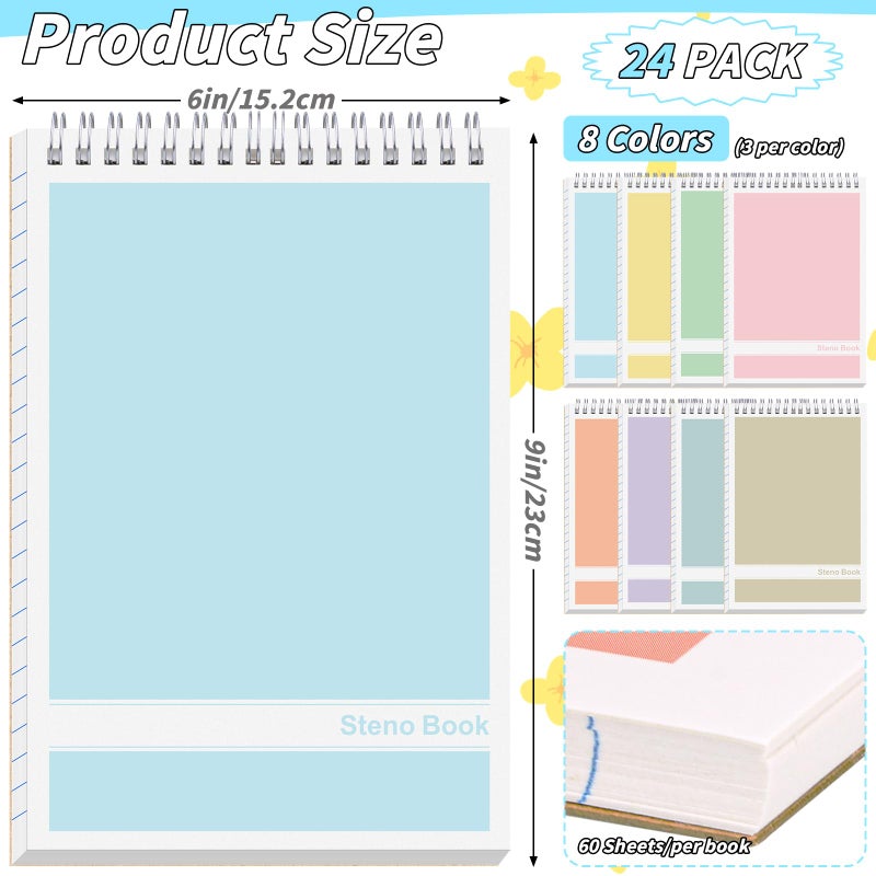 UZLU 24 Pack Steno Pads 6 X 9 In Spiral Top Notebook Bulk 8 Assorted Color Note Pad 60 Sheets Gregg Rule Writing Paper Steno Notebooks For Students Teachers Men Women Professionals Office School Recording - Image 2