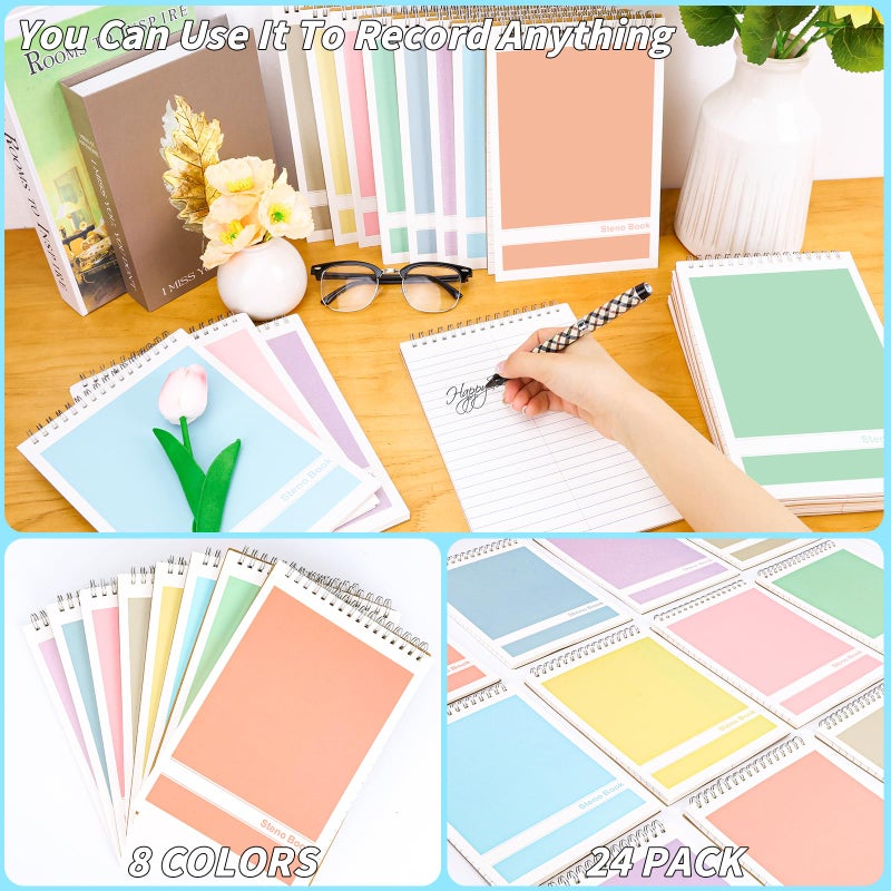 UZLU 24 Pack Steno Pads 6 X 9 In Spiral Top Notebook Bulk 8 Assorted Color Note Pad 60 Sheets Gregg Rule Writing Paper Steno Notebooks For Students Teachers Men Women Professionals Office School Recording - Image 5
