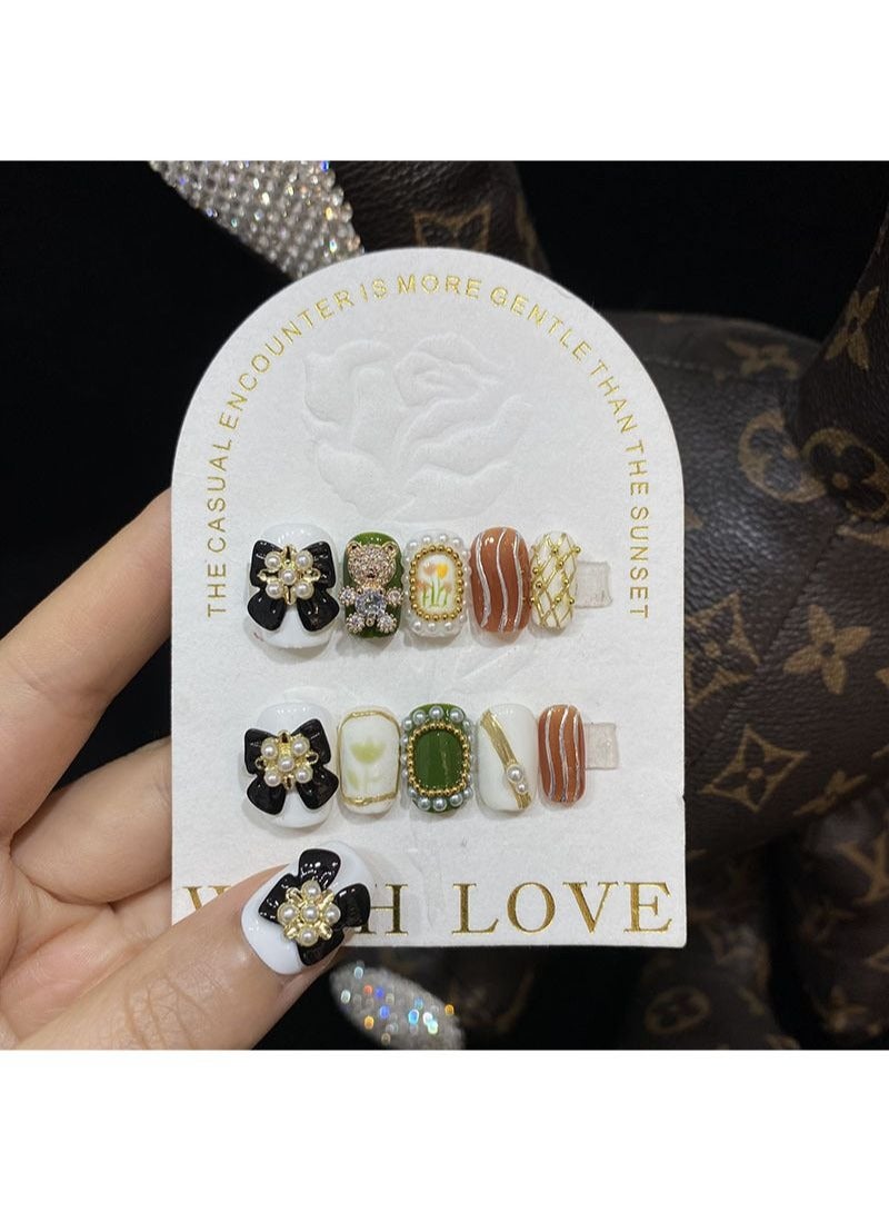 SCHAVO Vintage-Inspired Handmade Press on Nails Removable Fake Nails Set 10 Pieces - Image 1