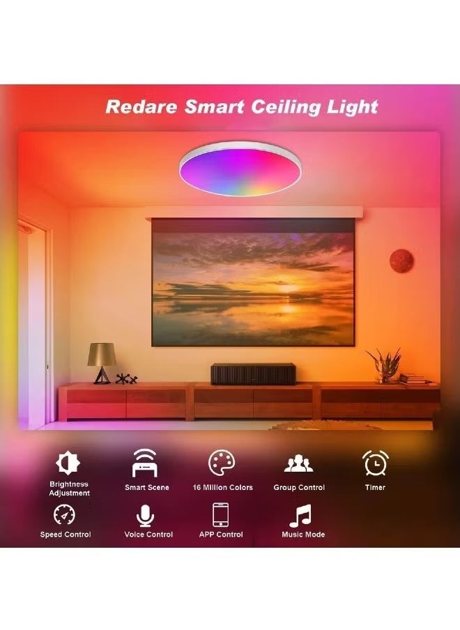 شو وو - مصباح سقف ذكي 30 سم 24 وات، مصباح سقف واي فاي RGB، متوافق مع أليكسا وجوجل هوم، مصابيح LED مدمجة مع جهاز تحكم عن بعد وتطبيق، مصباح سقف متغير اللون لغرفة النوم والمطبخ - Image 1