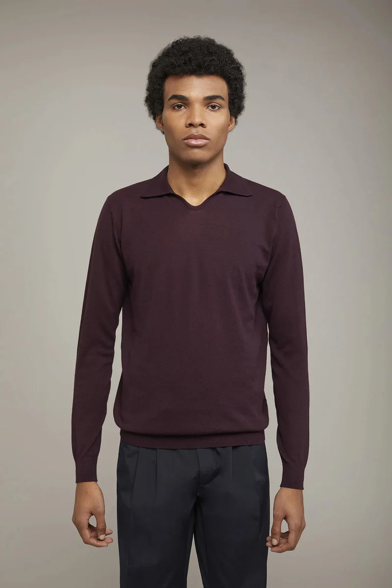 دوبل غانغر Men's knitted polo V collar 100% cotton long-sleeved regular fit - Bordeaux
