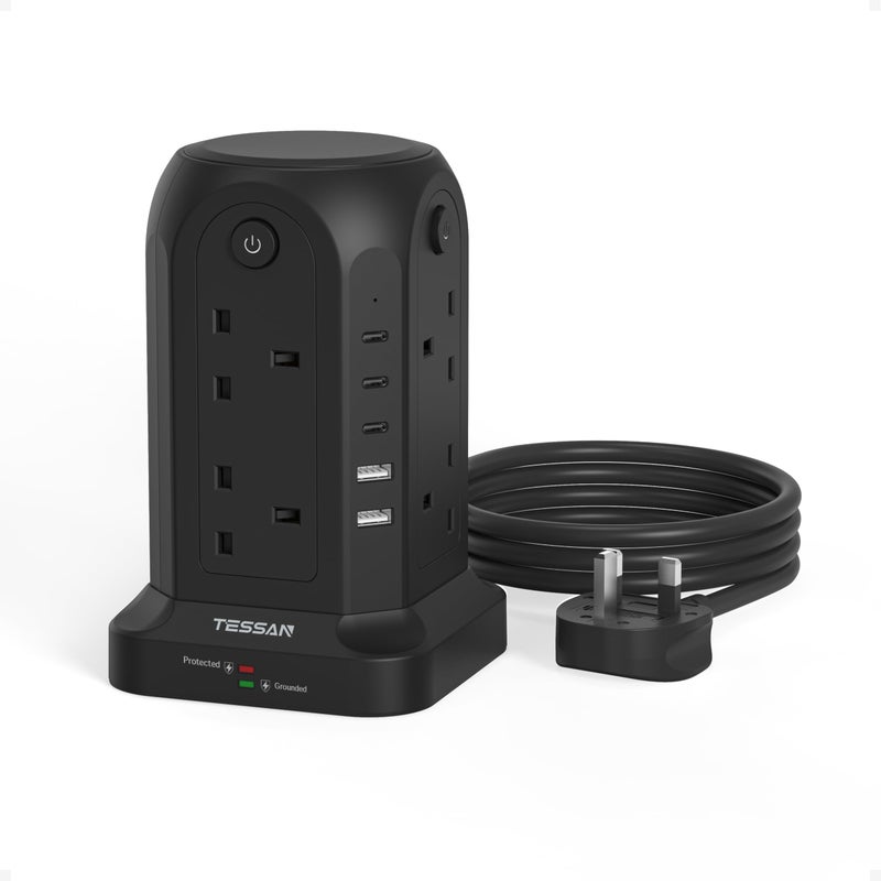 TESSAN Tower Extension Lead with 5 USB Slots, 8 Way Power Strip 2M Black - Image 1