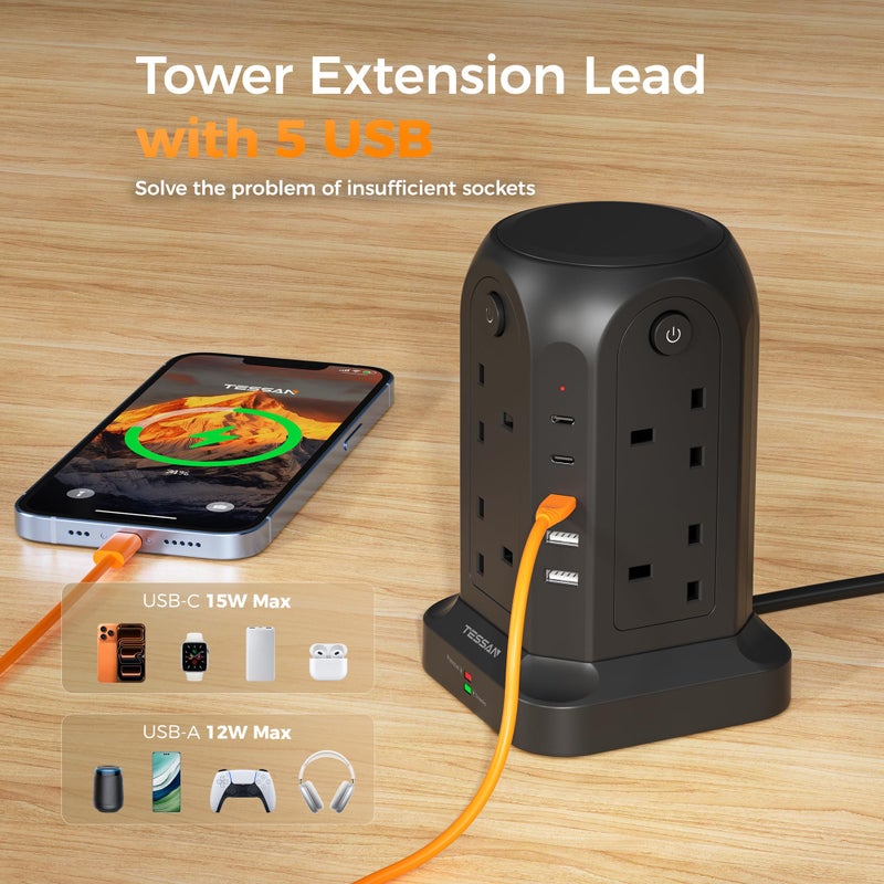 TESSAN Tower Extension Lead with 5 USB Slots, 8 Way Power Strip 2M Black - Image 4