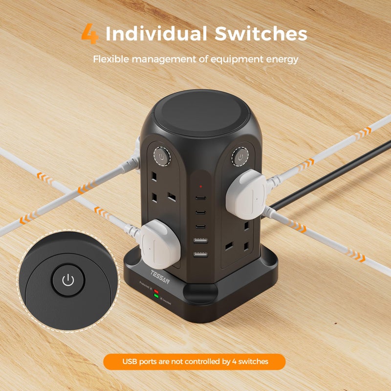 TESSAN Tower Extension Lead with 5 USB Slots, 8 Way Power Strip 2M Black - Image 3