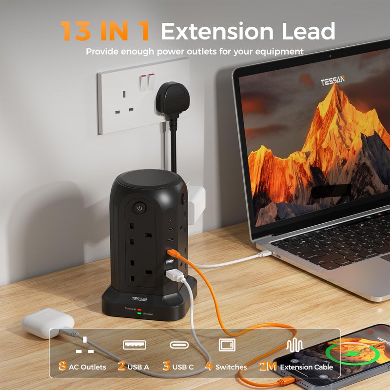 TESSAN Tower Extension Lead with 5 USB Slots, 8 Way Power Strip 2M Black - Image 2
