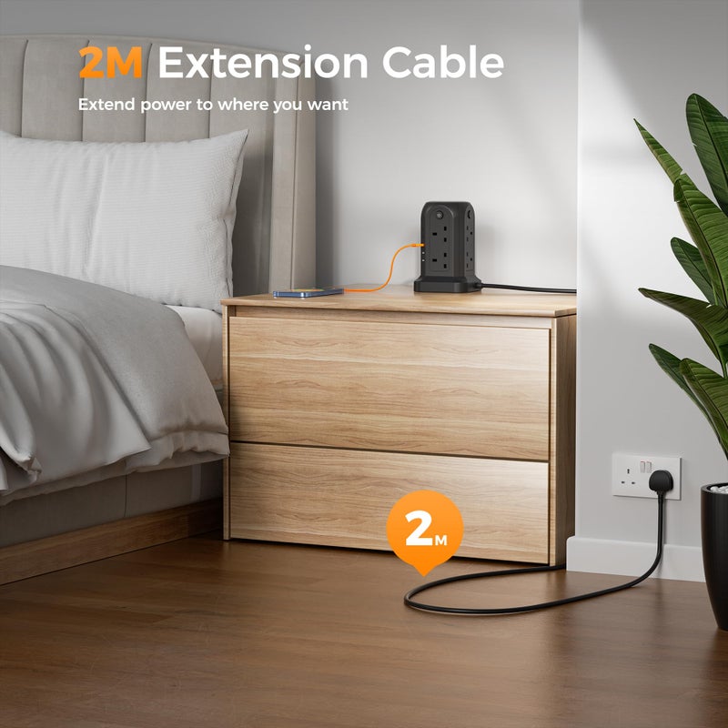 TESSAN Tower Extension Lead with 5 USB Slots, 8 Way Power Strip 2M Black - Image 5