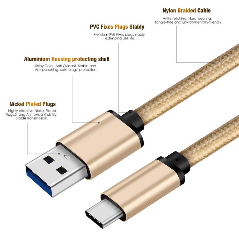 CBUS 6ft Gold 3A Heavy-Duty Double Braided USB-C 3.1 Cable to USB-A 3.0 Fast Charger Cable Compatible with iPad Pro 2018, Samsung Galaxy S10/S9/S8, Note9, Note8, View 2, Tab A 10.5", Tab S4/S3, Book2 - Image 4