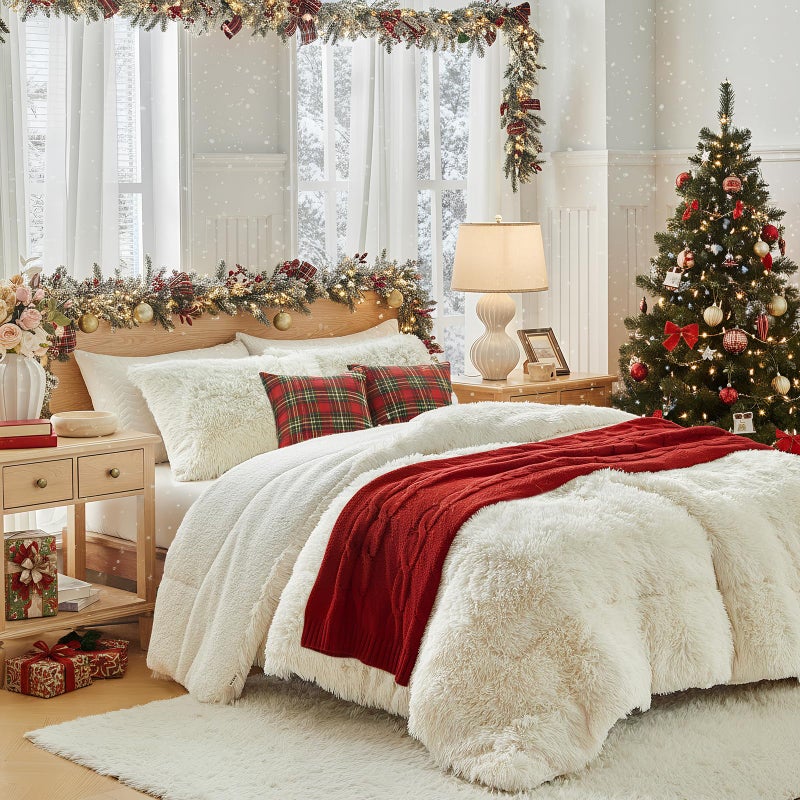 Faux Fur Shaggy Comforter Set Queen 3 Pieces 1 Cream White Comforter Set with Sherpa and 2 Pillowcases Ultra Soft and Easy Care Luxury Plush Shaggy Super Soft and Warm Beige Duvet Set