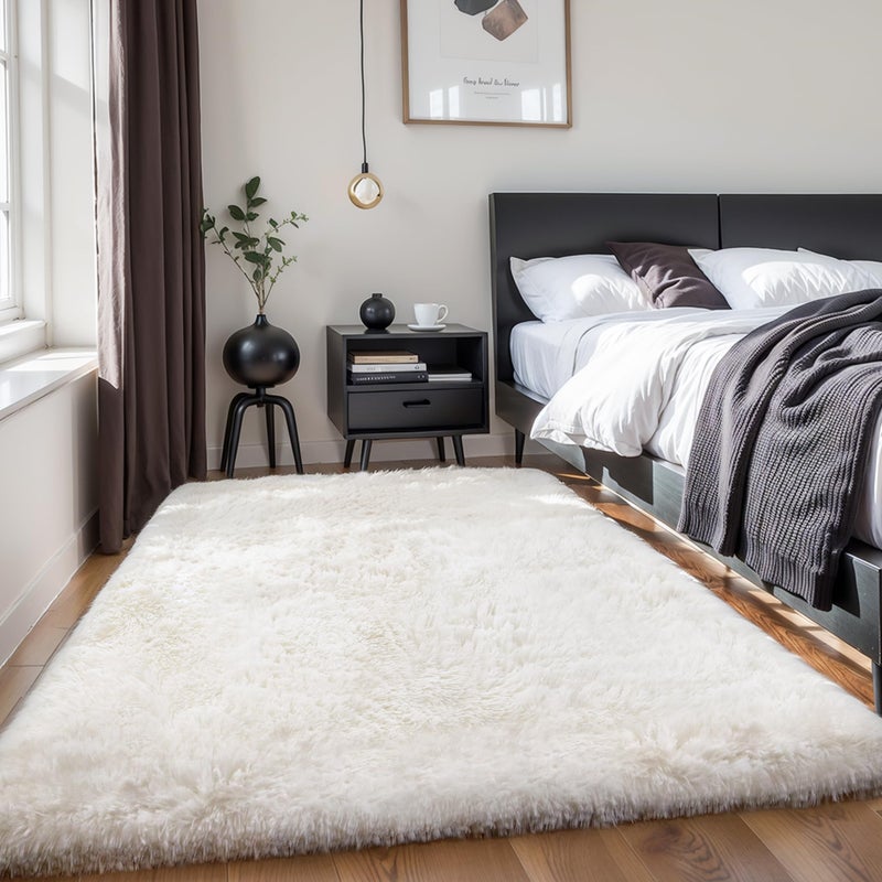 KICHOWUA Thick Area Rug 4x6 Cream White Fluffy Shag for Bedroom, Soft Washable Fuzzy Shaggy Non-Slip Plush Carpet for Living Room, Modern Furry Rugs for Kids Nursery Baby Boys Girls Dorm, Ivory - Image 1