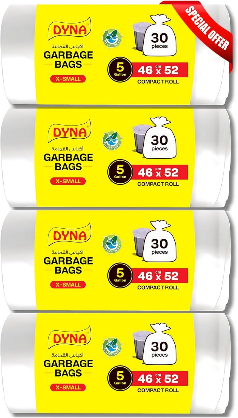 داينا أكياس قمامة من نوع Dyna، عبوة تحتوي على 4 أكياس، باللون الأبيض، سعة كل كيس 5 جالونات، عدد الأكياس 120 كيسًا، مقاس الكيس 46×52 سم، مناسبة لتبطين سلال القمامة. - Image 2