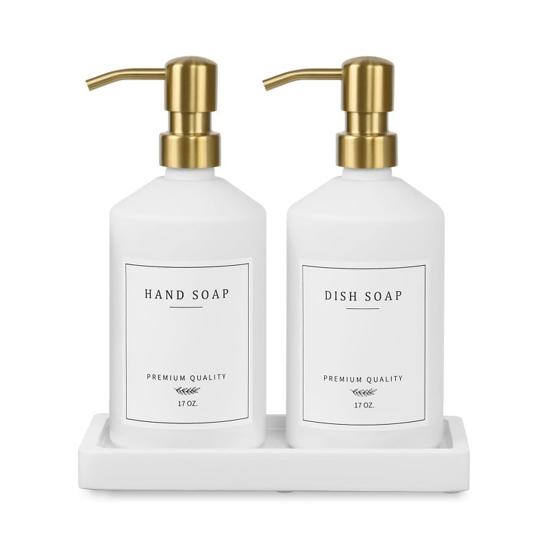 eggs sound Gold Soap Dispenser Set, Glass Hand and Dish Soap Dispenser Set with Tray,Stainless Pump,14 Stickers for Kitchen,Bathroom Soap and Lotion Dispenser,Modern Counter Decor (White Bottle/Gold Pump) - Image 1