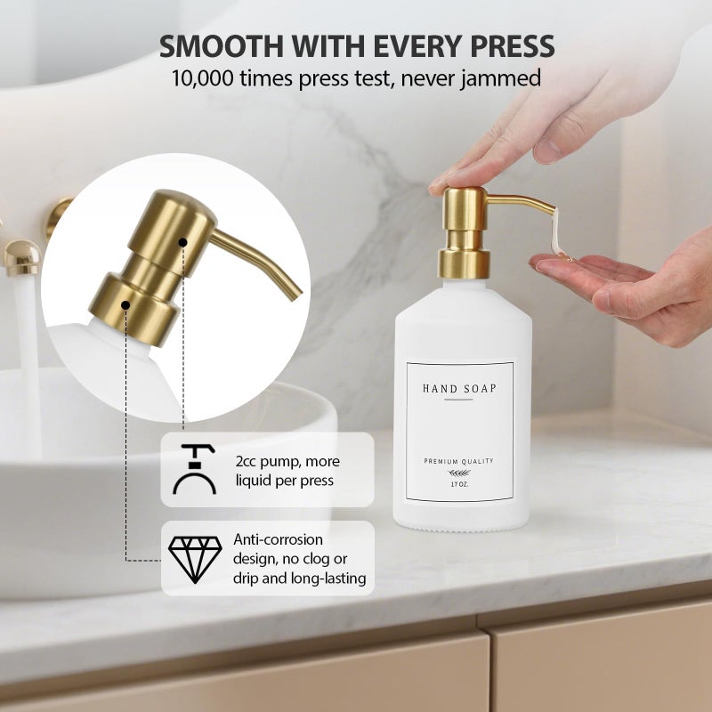 eggs sound Gold Soap Dispenser Set, Glass Hand and Dish Soap Dispenser Set with Tray,Stainless Pump,14 Stickers for Kitchen,Bathroom Soap and Lotion Dispenser,Modern Counter Decor (White Bottle/Gold Pump) - Image 3