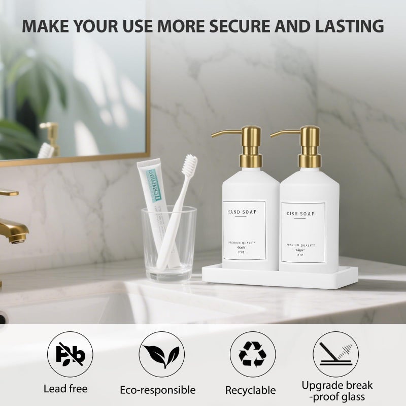 eggs sound Gold Soap Dispenser Set, Glass Hand and Dish Soap Dispenser Set with Tray,Stainless Pump,14 Stickers for Kitchen,Bathroom Soap and Lotion Dispenser,Modern Counter Decor (White Bottle/Gold Pump) - Image 5