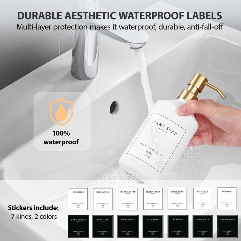 eggs sound Gold Soap Dispenser Set, Glass Hand and Dish Soap Dispenser Set with Tray,Stainless Pump,14 Stickers for Kitchen,Bathroom Soap and Lotion Dispenser,Modern Counter Decor (White Bottle/Gold Pump) - Image 4