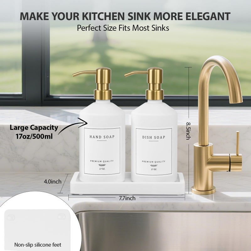 eggs sound Gold Soap Dispenser Set, Glass Hand and Dish Soap Dispenser Set with Tray,Stainless Pump,14 Stickers for Kitchen,Bathroom Soap and Lotion Dispenser,Modern Counter Decor (White Bottle/Gold Pump) - Image 2