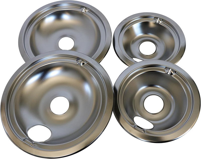 Kitchen Basics 101 Made in the USA WB31T10010 and WB31T10011 Replacement Chrome Drip Pans for GE/Hotpoint Electric Range with Locking Slot - Includes 2 6-Inch and 2 8-Inch Pans, 4 Pack - Image 1