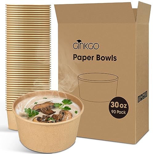Ginkgo 90 Count 30 oz Extra Large Paper Bowls Leak Proof Disposable Hot Soup Bowls Bulk Large Salads Bowls Heavy Duty Paper Bowls for Ice Cream Hot Soup Salad Dessert Cereals Food