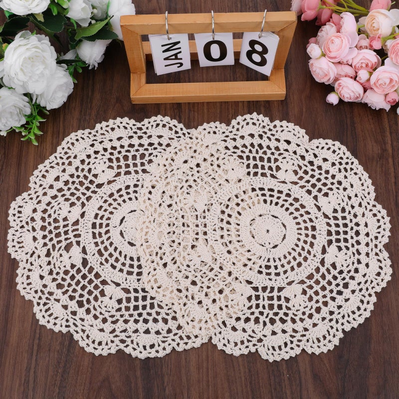 Zyghjort Crochet Doilies, 2 Pcs 11.8 Inch Round Cotton Doilies for Tables Vintage Handmade Lace Placemats Knitted Tablecloth for Home Kitchen Dining Room Wedding Party Decoration (Beige) - Image 1