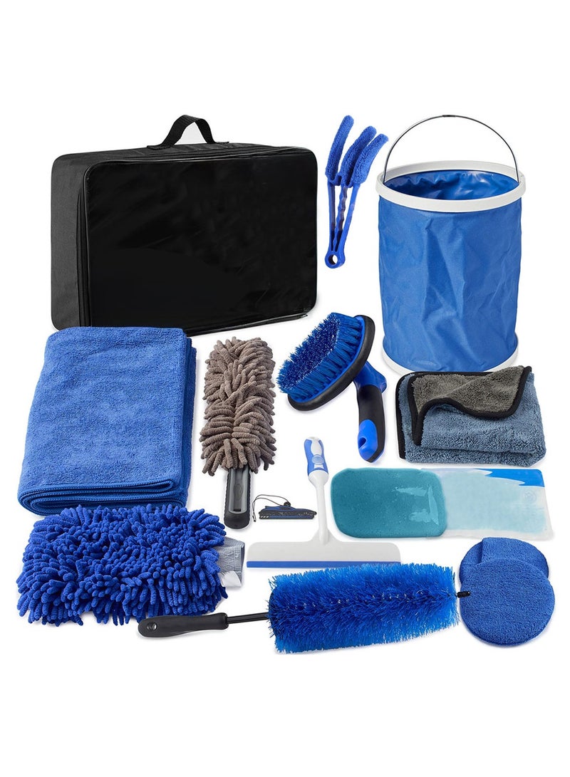 Personal Car Cleaning Kit with Storage Bag 14 Pieces Includes Microfiber Towels, Car Duster, Interior Cleaning Tools, Brushes and Accessories – Blue Color – Complete Auto Detailing Set for Interior and Exterior - Image 1