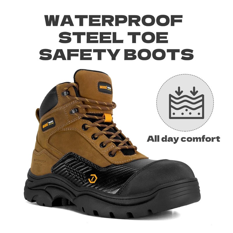 Jacata Waterproof Leather Soft/Steel Toe Work Boots For Men,Heavy Duty 6Inch Oil/Slip Resistant Rubber Outsole Comfortable Construction Industrial Safety Menâ€™s Work Boots (Brown Steeltoe size8) - Image 3