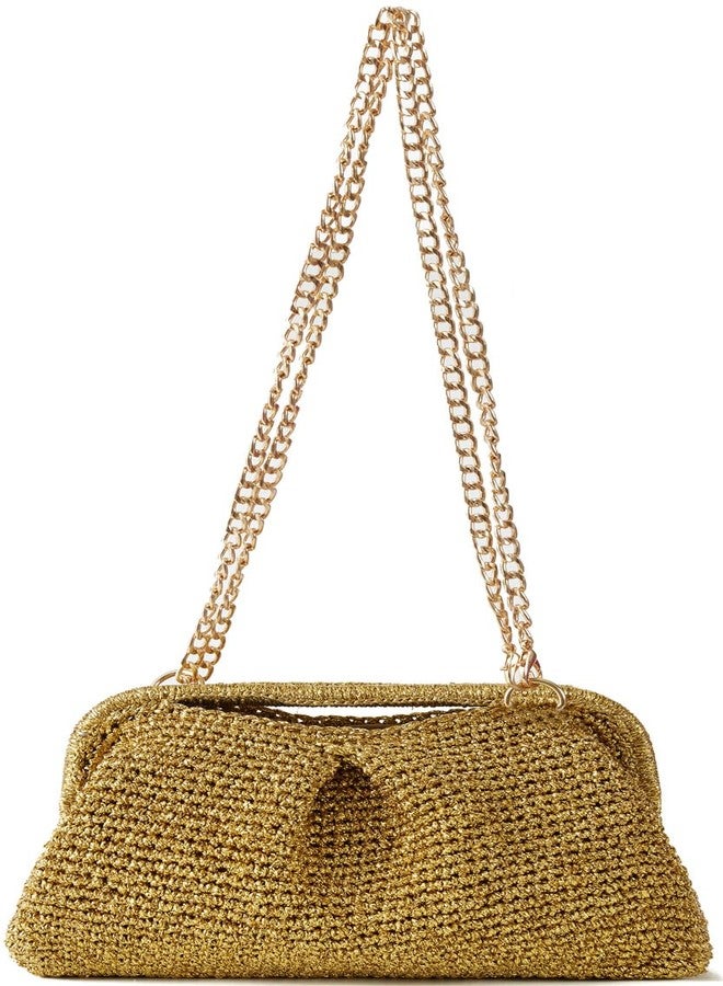 FanChris Women's Evening Bag with gold and silver threads Clutch Purse Detachable Chain Crossbody Bag for Wedding Party Handbag(Gold) - Image 4