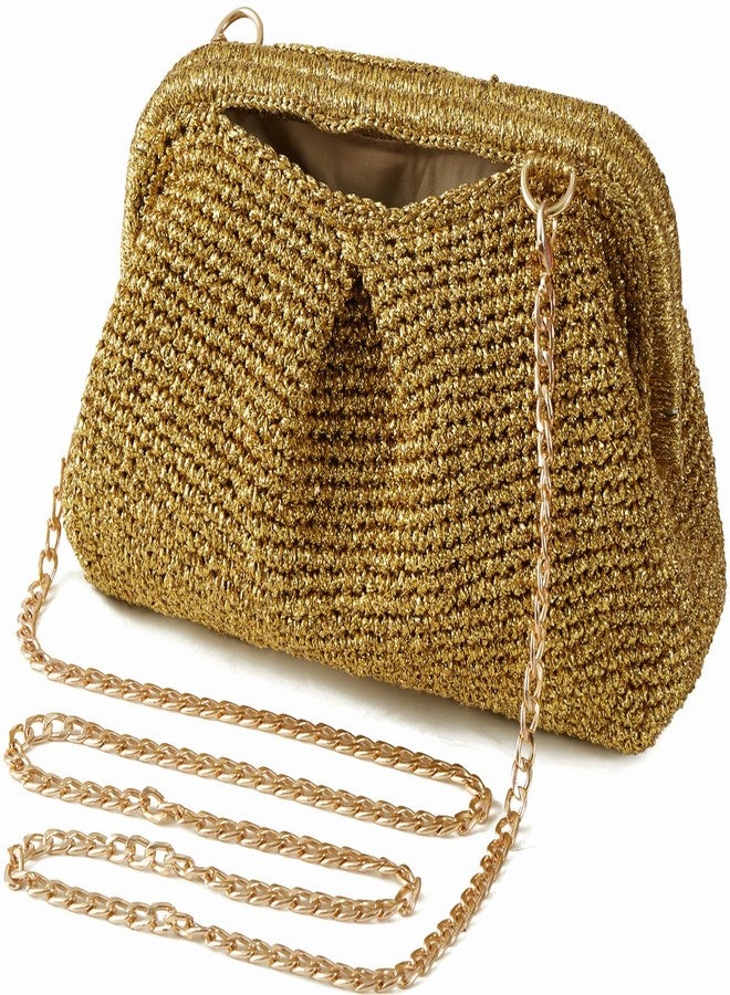 FanChris Women's Evening Bag with gold and silver threads Clutch Purse Detachable Chain Crossbody Bag for Wedding Party Handbag(Gold) - Image 1