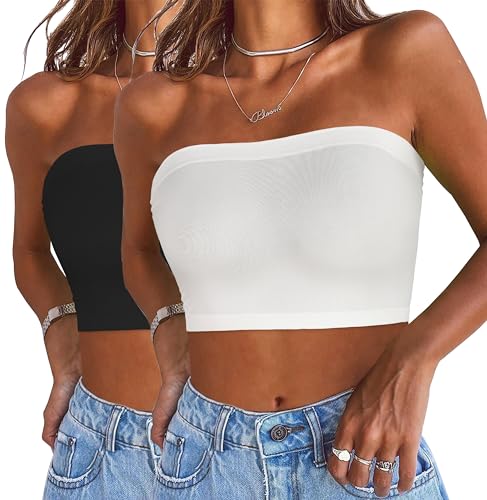 CHICGAL Womens Tube Tops Summer Bandeau Casual Crop Top Going Out Strapless Tank Basic Short Shirt(2 Pieces Black,White,One Size Regular) - Image 1
