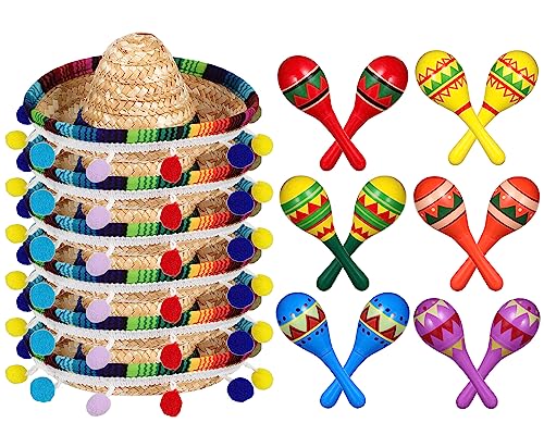 Honoson 12 Pcs Wooden Fiesta Maracas 6 Cinco De Mayo Mini Sombrero Top Hat for Sombrero Mexican Party Decor18 PcsFresh Style - Image 1