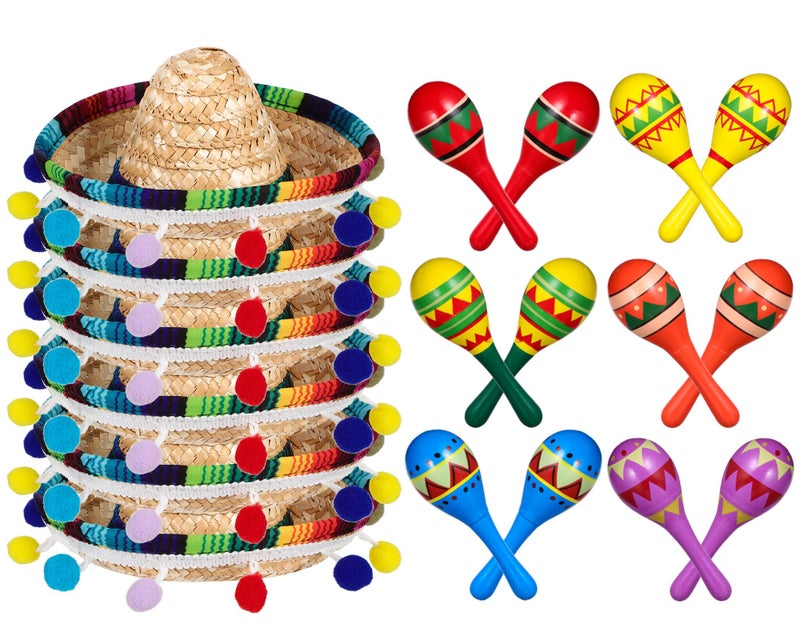 Honoson 12 Pcs Wooden Fiesta Maracas 6 Cinco De Mayo Mini Sombrero Top Hat for Sombrero Mexican Party Decor18 PcsFresh Style - Image 2