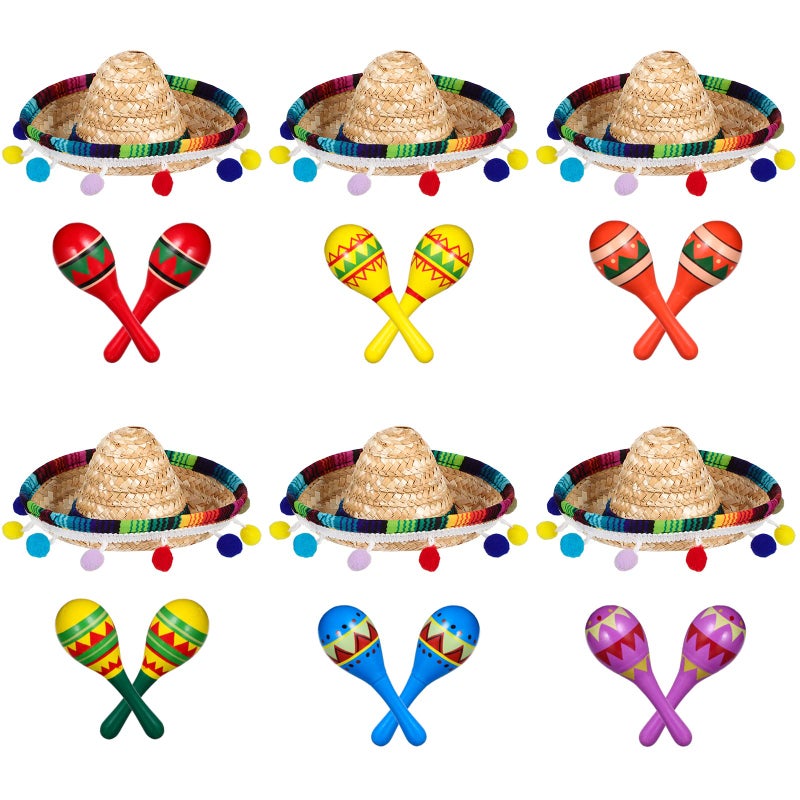 Honoson 12 Pcs Wooden Fiesta Maracas 6 Cinco De Mayo Mini Sombrero Top Hat for Sombrero Mexican Party Decor18 PcsFresh Style - Image 3